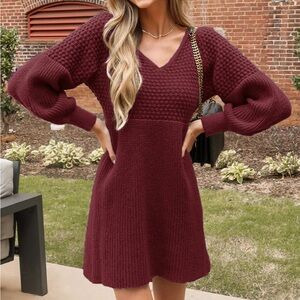V-Neck Gigot Burgundy Knit Dress